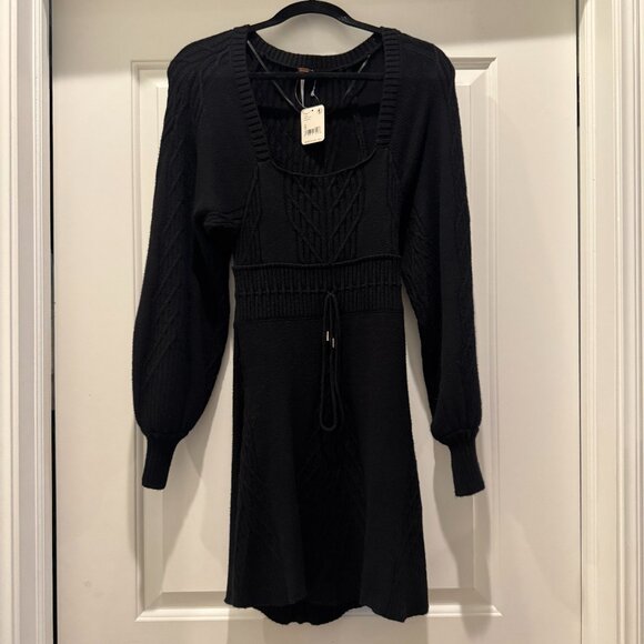 NWT Free People Emmaline Open Back Black Mini Cable Knit Sweater Dress Size S - Picture 3 of 13